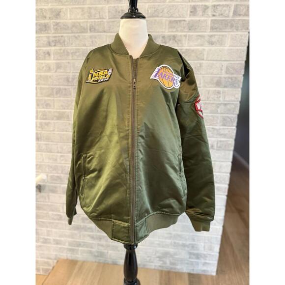 M&N LA Lakers Flight Satin Bomber Army Green Jacket Men’s XL - Picture 1 of 8